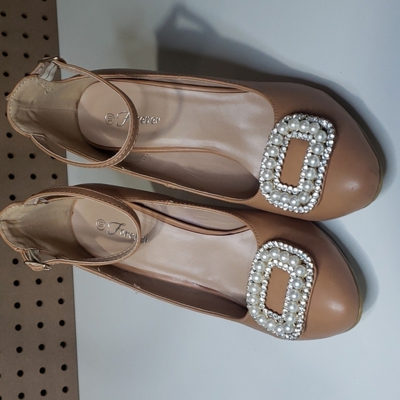 𝅺nude Gem Pearl Embellished Stiletto Heels Ankle Strap - Picture 1 of 4